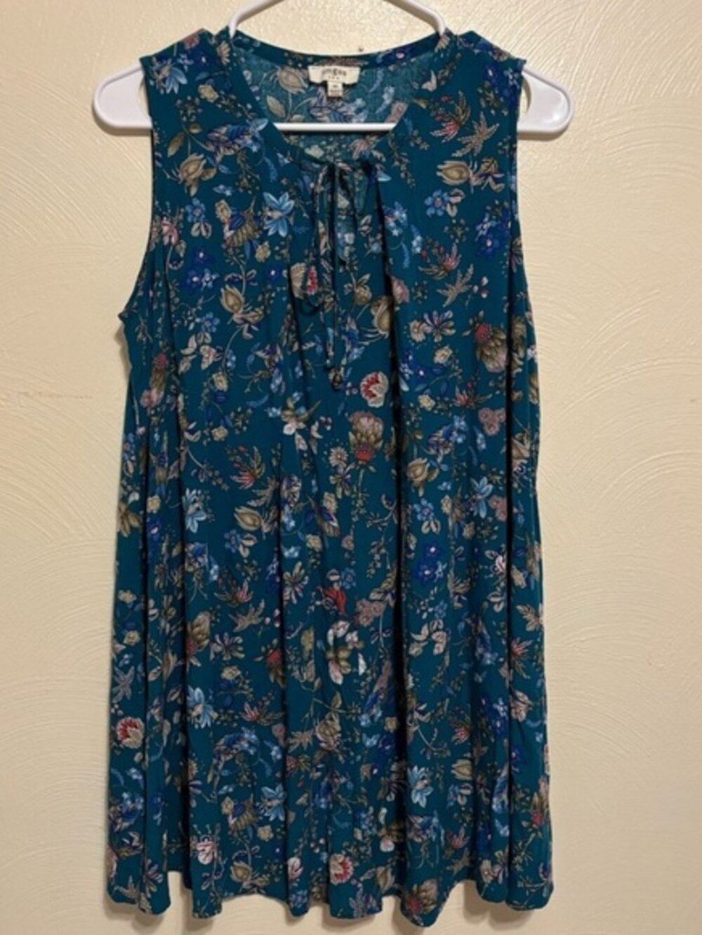 Umgee Teal Floral Sleeveless Boho Tunic Top Tie Neck Size M
